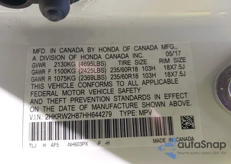 2017 Honda Cr-V Ex-L/Ex-L Navi из США, поврежденный, VIN 2HKRW2H87HH644279